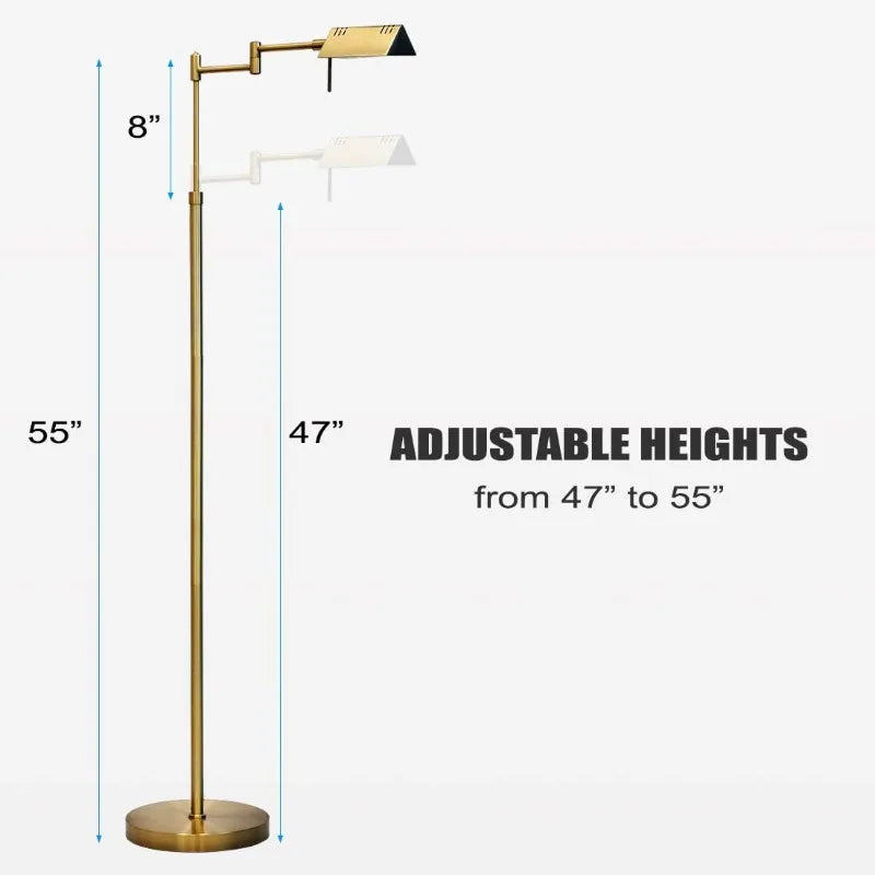 Dimmable LED Pharmacy Floor Lamp 12W with 360-Degree Swing Arms & Adjustable Height for Reading & Task Lighting in Gold Finish