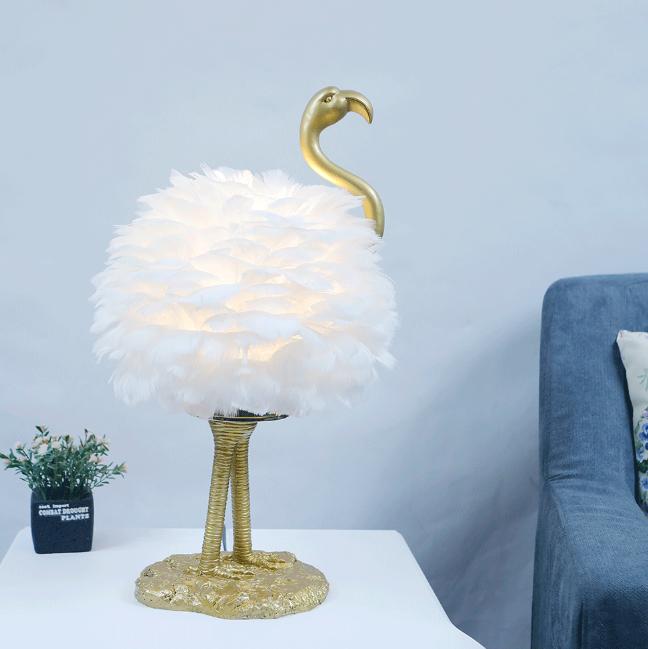 LED Table Lamp with Goose Feather Shade and Metal Flamingo Base for Bedside Lighting in Contemporary Nordic Style