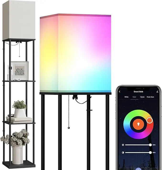 LED Floor Lamp with Shelves, Modern Square Standing Light with 3 Color Temperature Bulb for Corner Display & Bookshelf Use