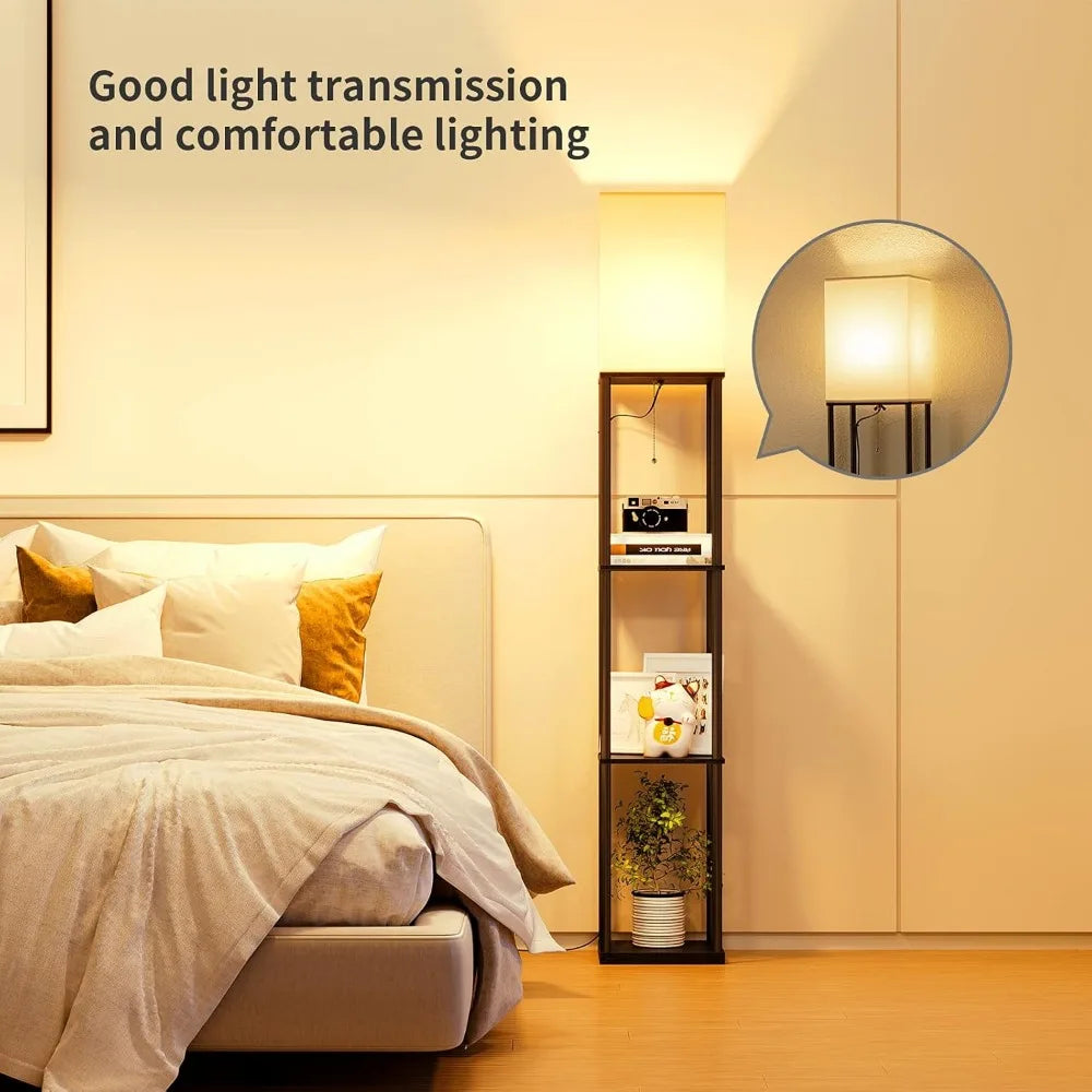 LED Floor Lamp with Shelves, Modern Square Standing Light with 3 Color Temperature Bulb for Corner Display & Bookshelf Use