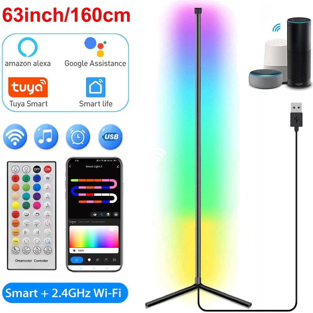 Smart 160cm RGB Dimmable Corner Floor Lamp for Bedroom, Gaming & Living Room Mood Lighting with Alexa Control