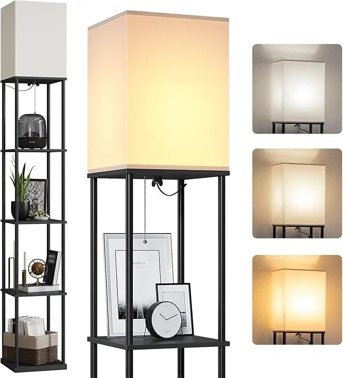 LED Floor Lamp with Shelves, Modern Square Standing Light with 3 Color Temperature Bulb for Corner Display & Bookshelf Use
