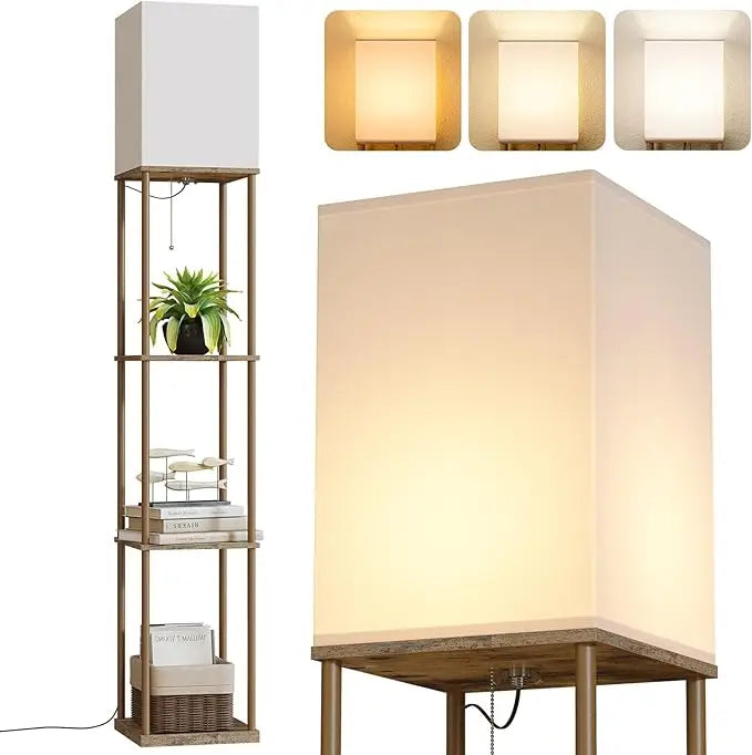 LED Floor Lamp with Shelves, Modern Square Standing Light with 3 Color Temperature Bulb for Corner Display & Bookshelf Use