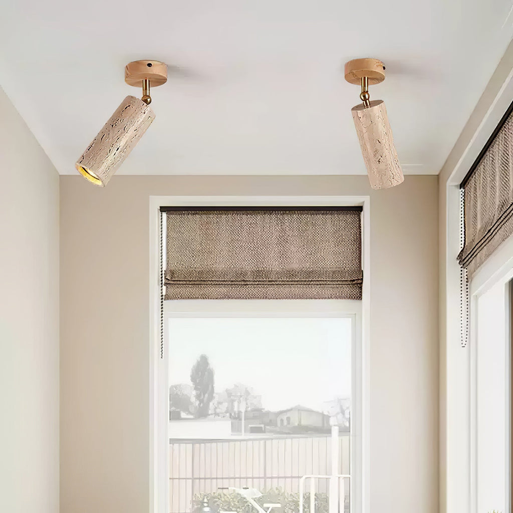 Yellow Travertine Ceiling Spotlight | Adjustable LED, Walnut Wood Mount for Contemporary Interiors