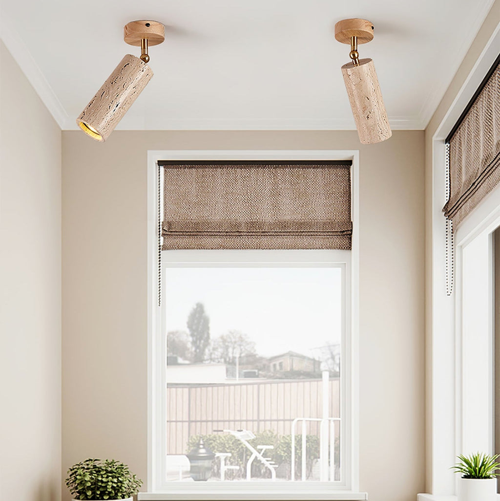 Yellow Travertine Ceiling Spotlight | Adjustable LED, Walnut Wood Mount for Contemporary Interiors