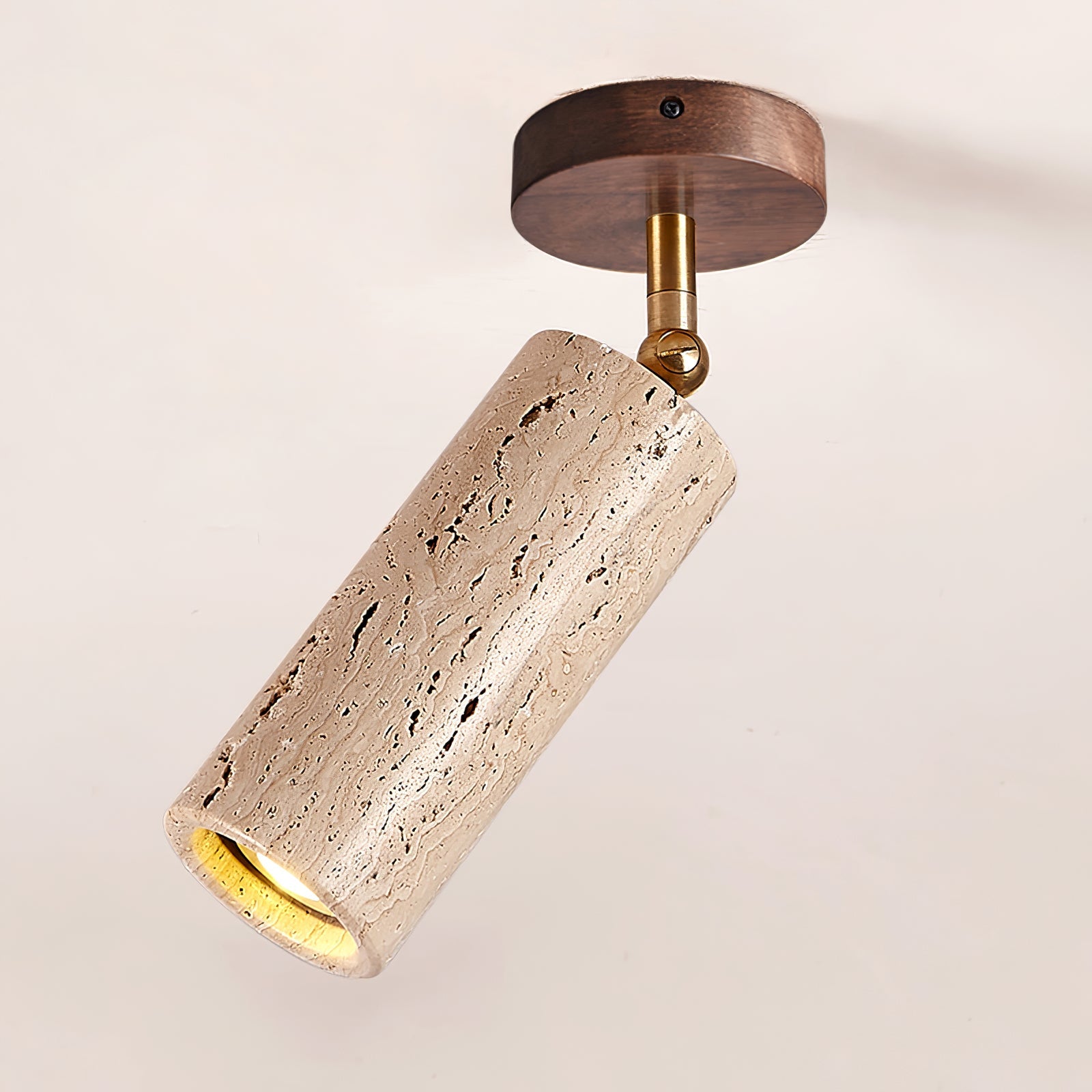 Yellow Travertine Ceiling Spotlight | Adjustable LED, Walnut Wood Mount for Contemporary Interiors
