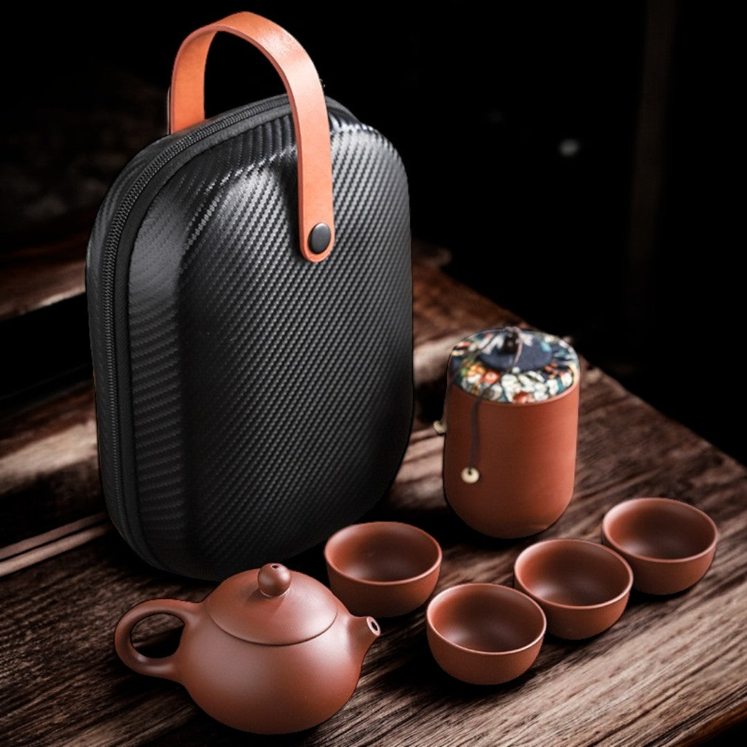 Tea Basket Set with Teapot Infuser - Ideal Travel Gong Fu and Puer Tea Set with Clay Cups