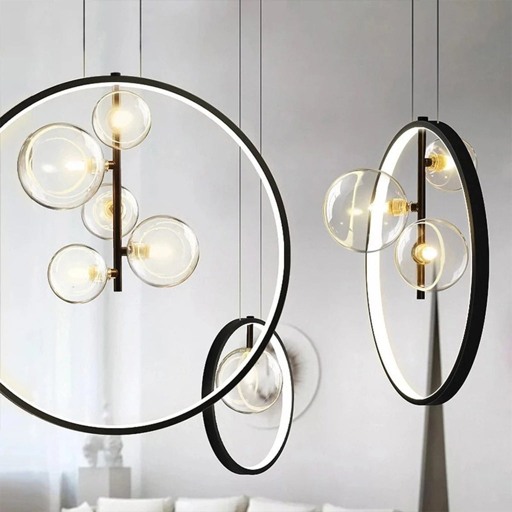 Modern Glass Globe Pendant Light | Adjustable Height & Chic Black Finish with Warm LED for Dining Room or Bedroom Elegance