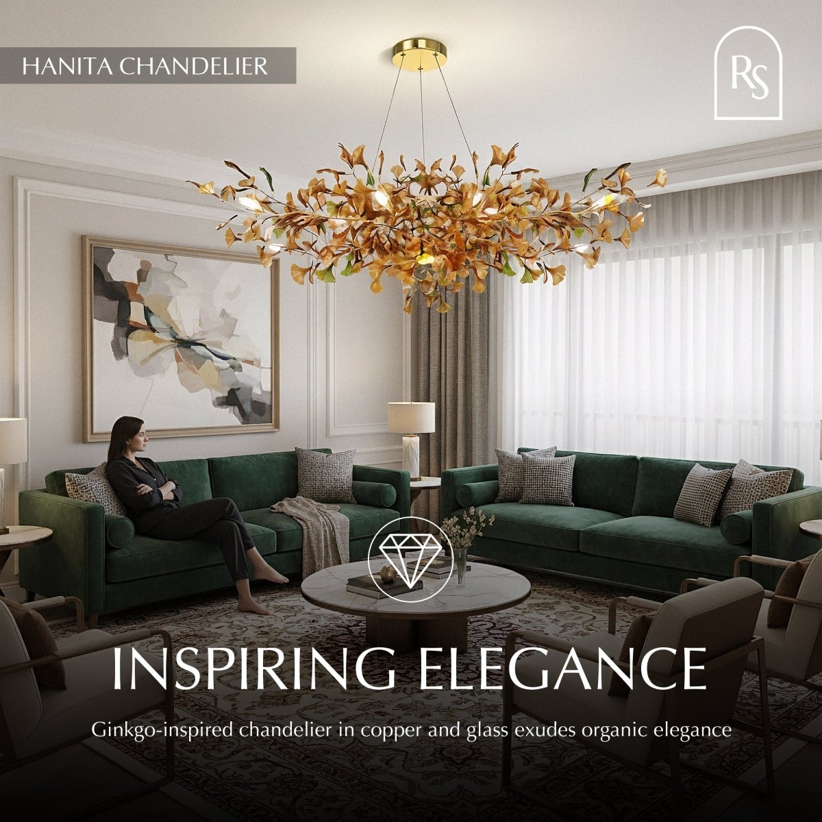 Modern Copper and Glass Chandelier | Adjustable Height, LED Illumination for Home Decor and Contemporary Spaces