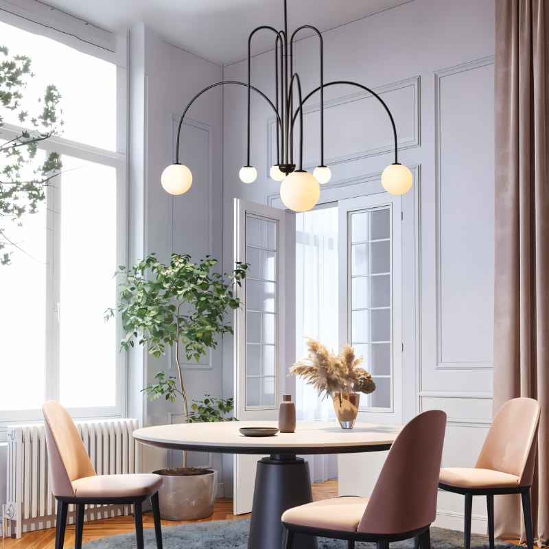 Art Deco Chandelier | Hand-Blown Opal Glass & Geometric Iron Design for Dining Room or Entryway