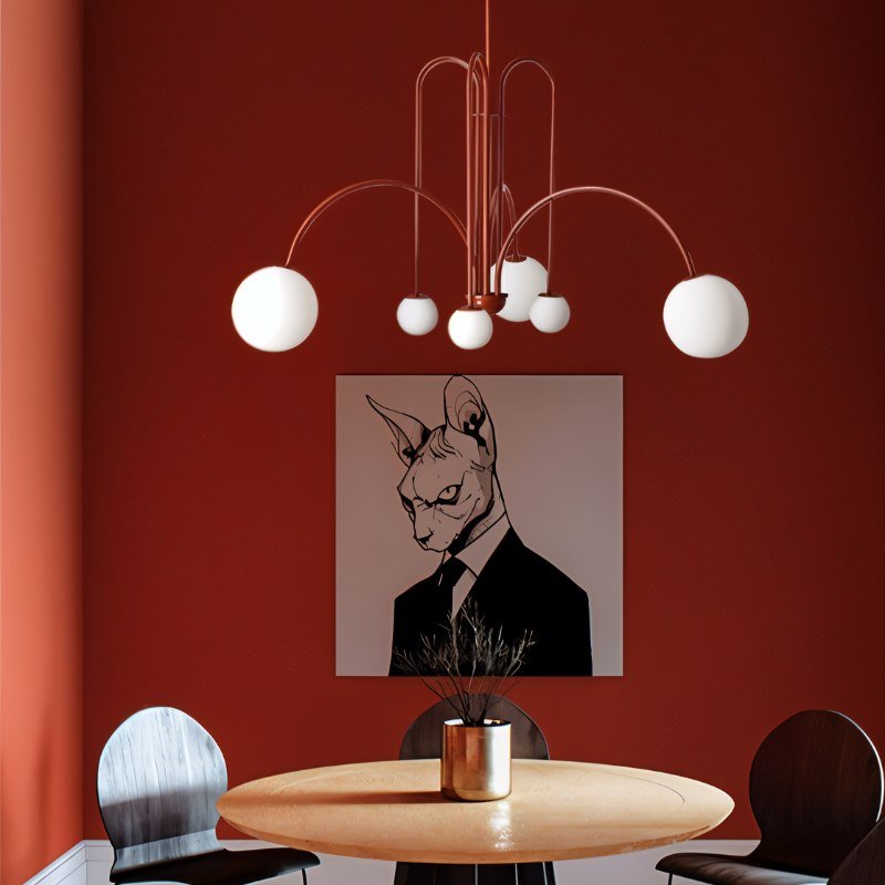 Art Deco Chandelier | Hand-Blown Opal Glass & Geometric Iron Design for Dining Room or Entryway