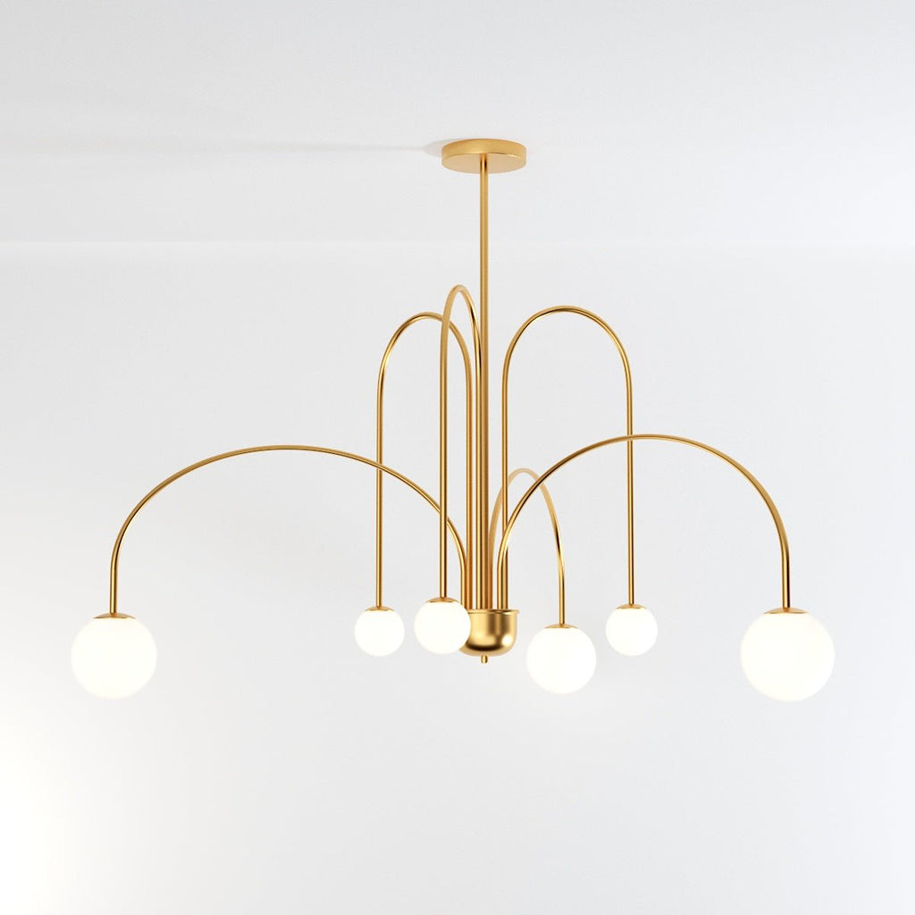 Art Deco Chandelier | Hand-Blown Opal Glass & Geometric Iron Design for Dining Room or Entryway