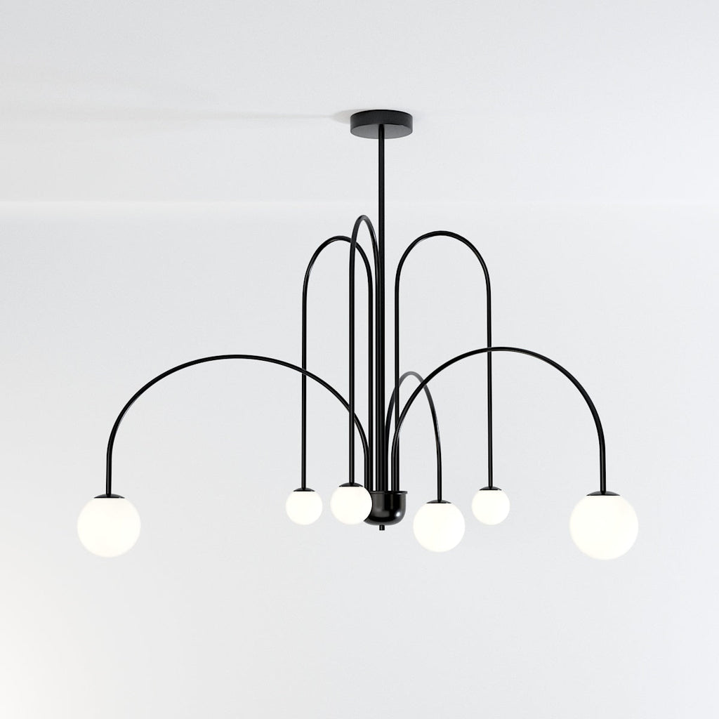 Art Deco Chandelier | Hand-Blown Opal Glass & Geometric Iron Design for Dining Room or Entryway