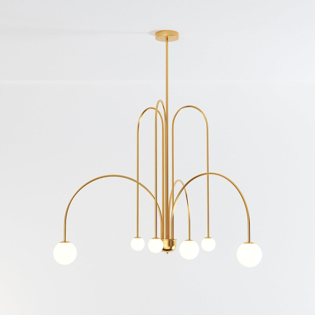Art Deco Chandelier | Hand-Blown Opal Glass & Geometric Iron Design for Dining Room or Entryway