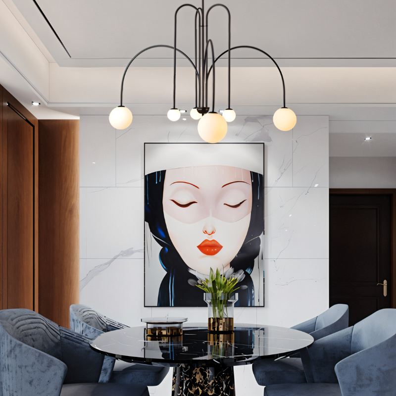 Art Deco Chandelier | Hand-Blown Opal Glass & Geometric Iron Design for Dining Room or Entryway