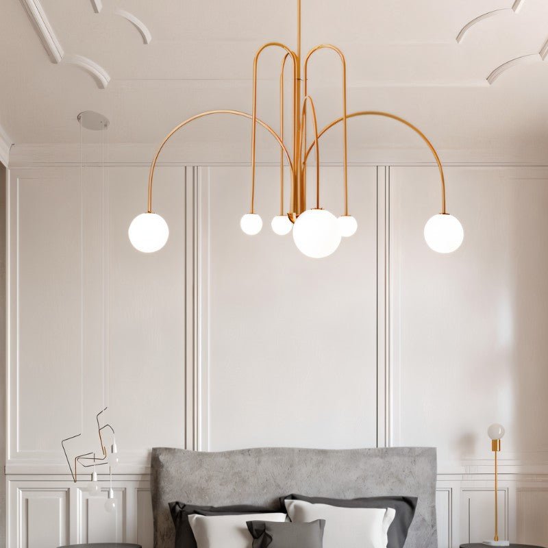 Art Deco Chandelier | Hand-Blown Opal Glass & Geometric Iron Design for Dining Room or Entryway