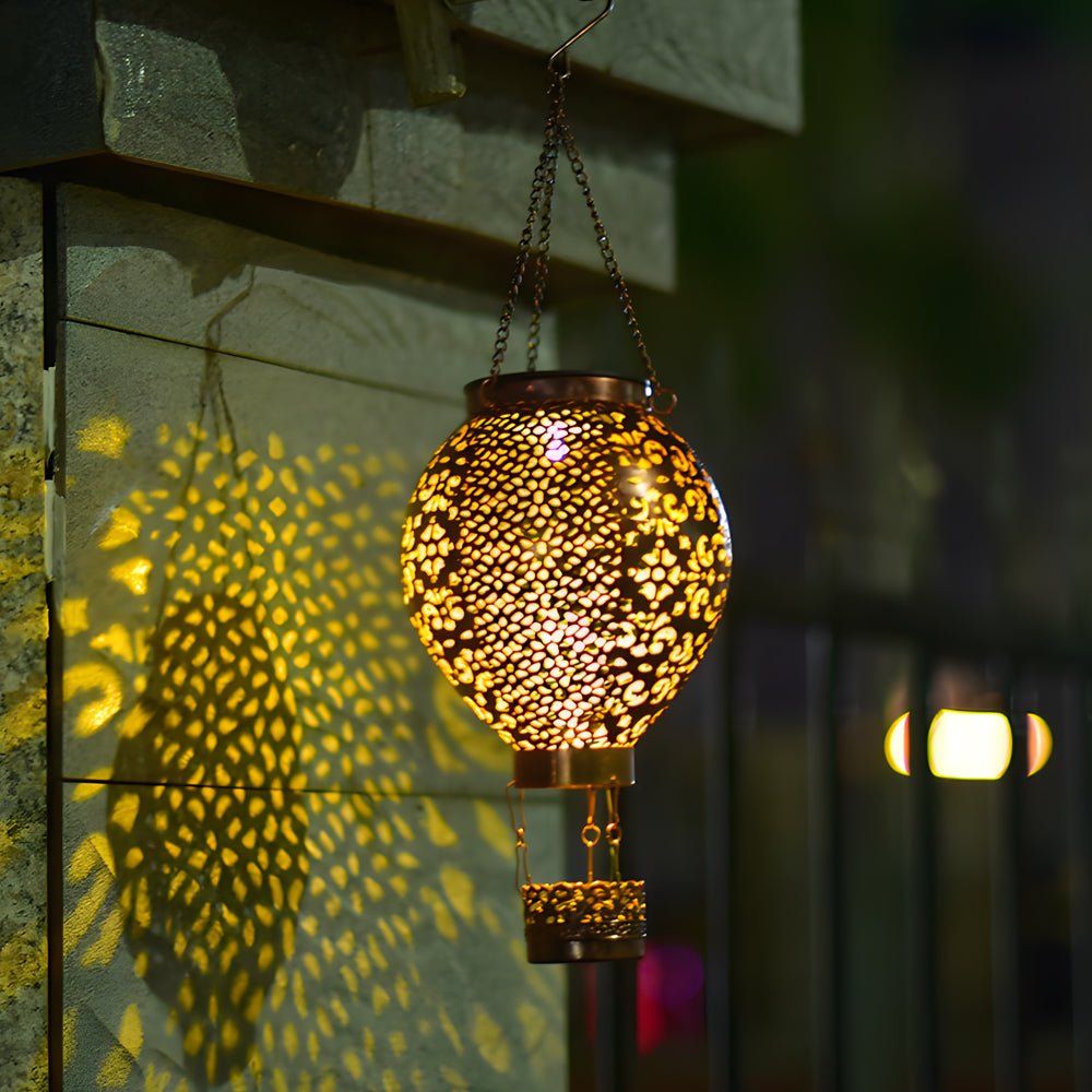 Portable Cast Iron Hot Air Balloon Solar Lantern - Hollow Outdoor Hanging Light for Garden Decor & Patio Illumination