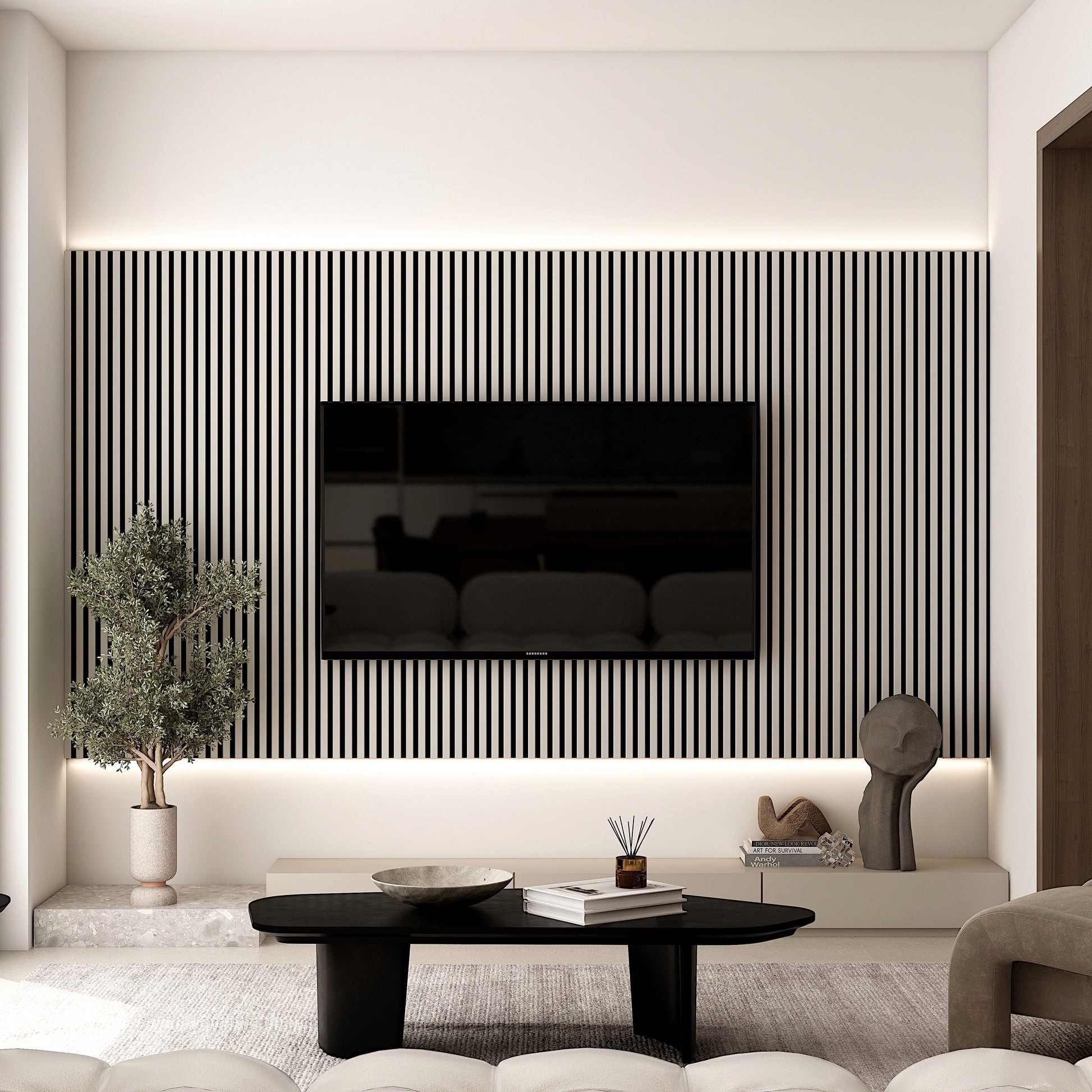Black Wood Slat Wall Panel - Acoustic Accent Wall Panels for TV or Living Room, Modern Decorative Ideas