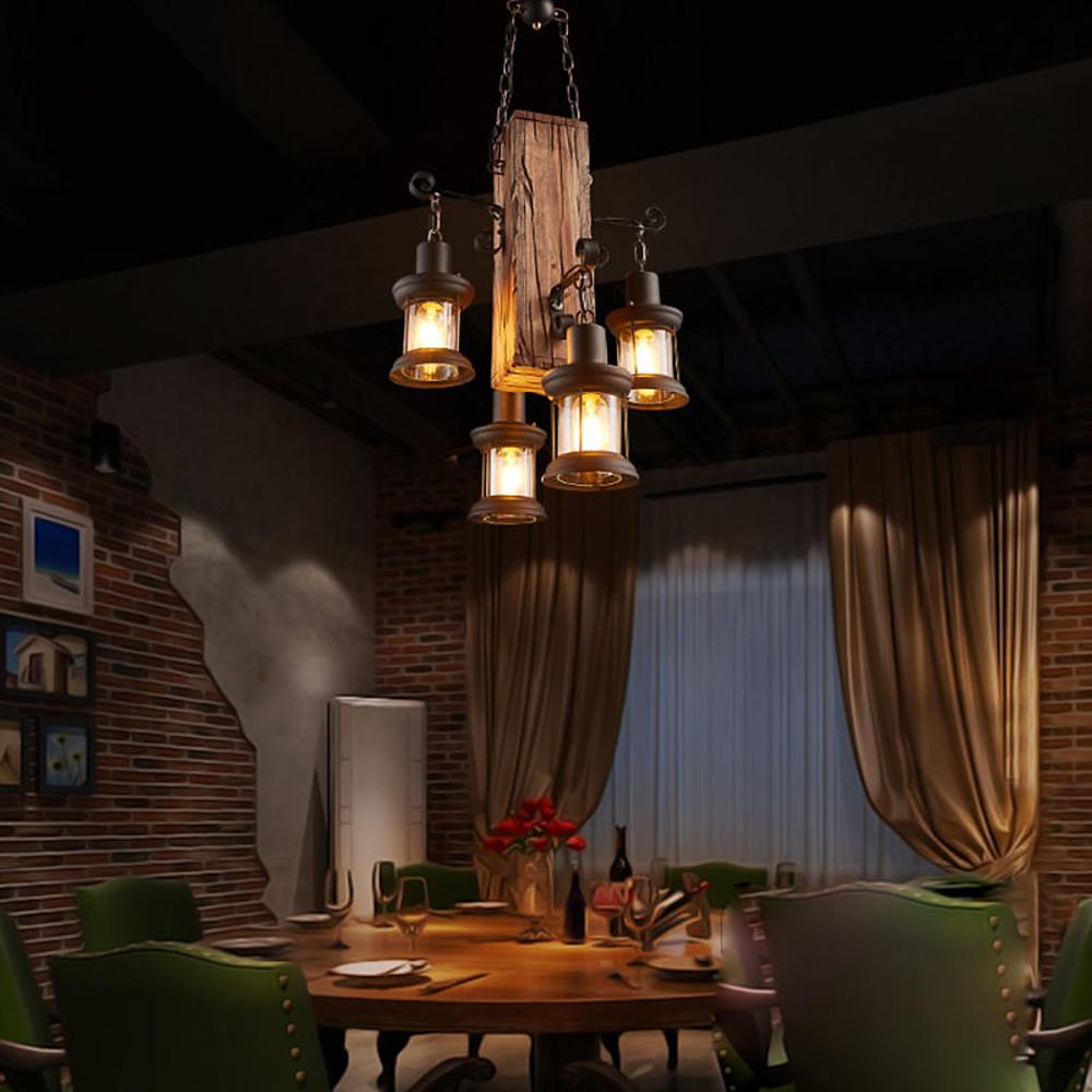 Farmhouse Wooden Chandelier with 4 Lantern Lights for Dining Room & Rustic Decor