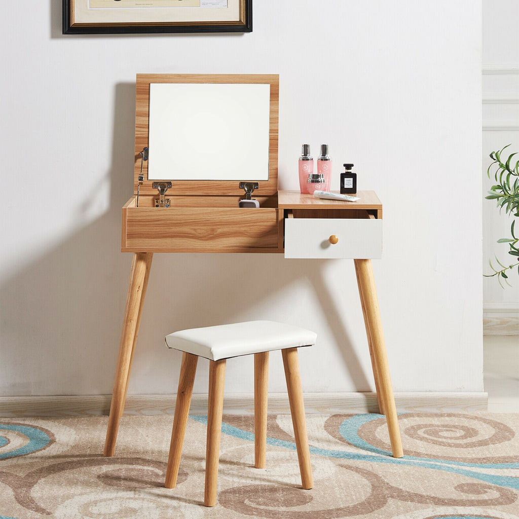 Wooden Makeup Desk with Hidden Mirror and Padded Stool