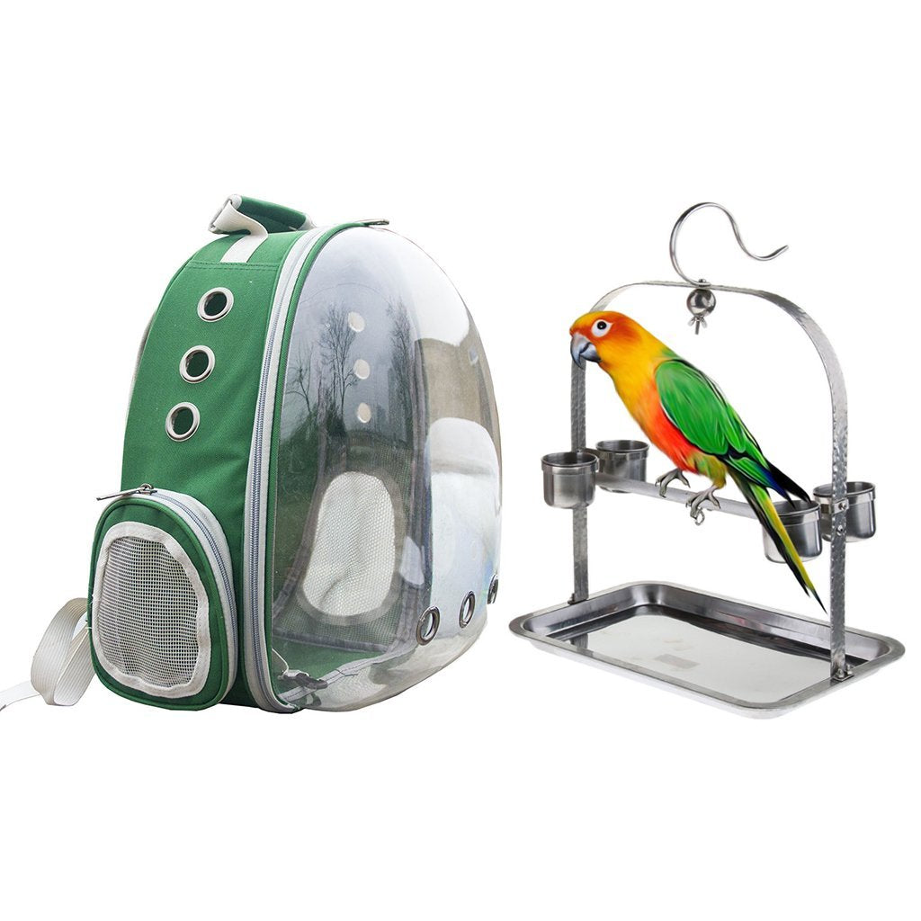 Clear Cover Parrot Bird Carrier Backpack with Stainless Steel Perch Stand & Feeder - Balma Home
