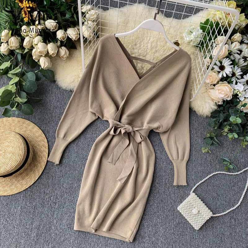 Autumn Winter Women Rust Sweater Dress