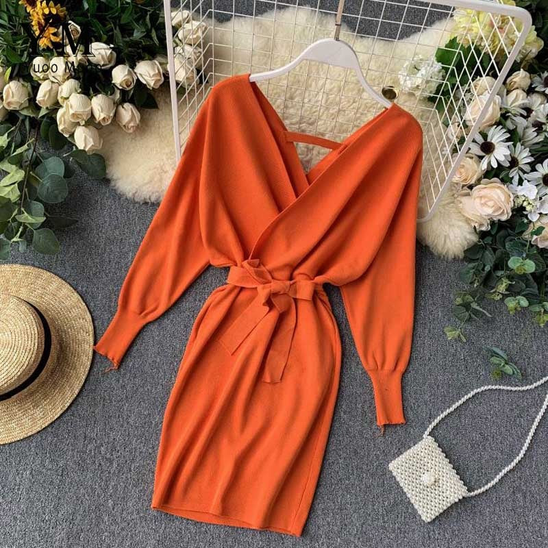 Autumn Winter Women Rust Sweater Dress