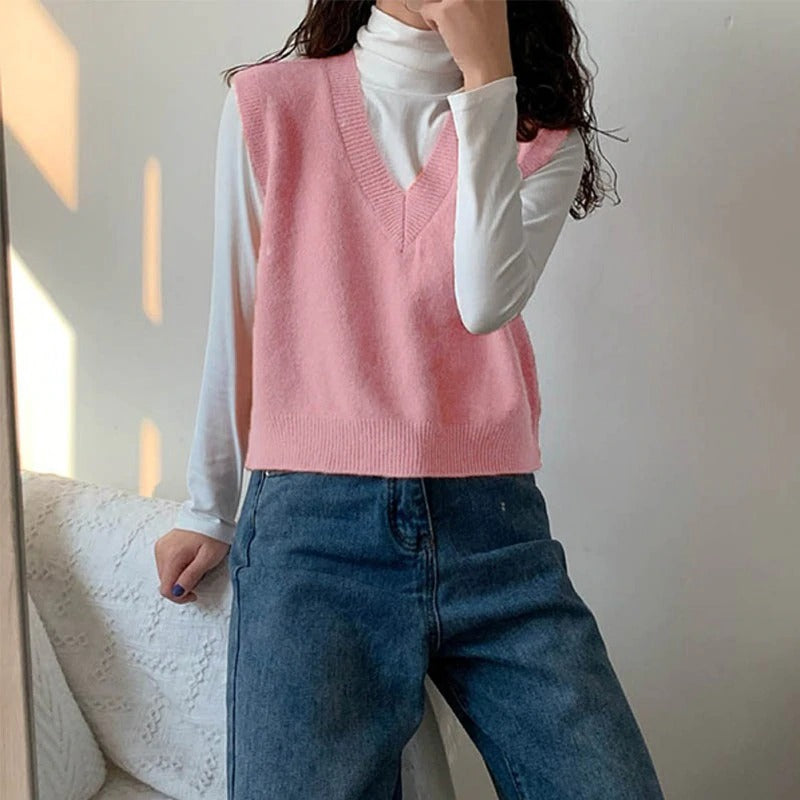 V-Neck Knit Vest One Size Sweater Vest