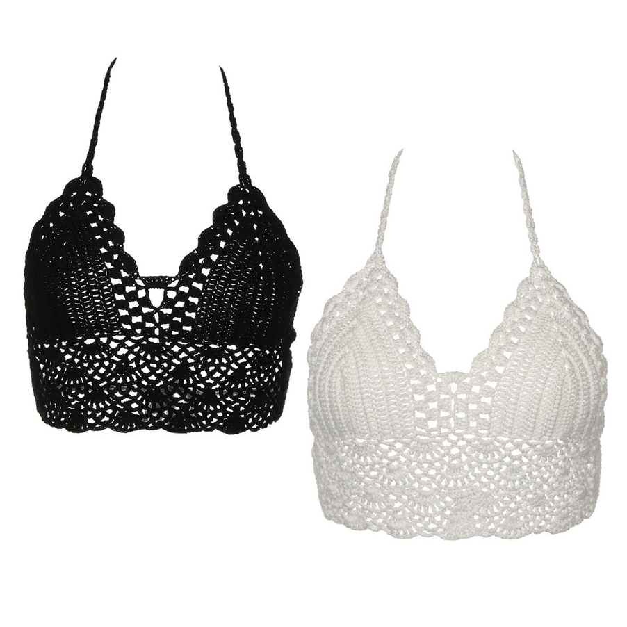2pcs Sexy Crocheted Crop Tops Women Beach Brochet Halter Top Bralette Backless Summerwear