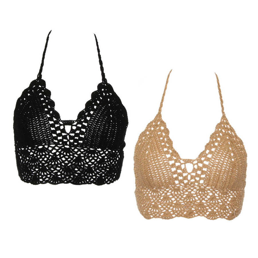 2pcs Sexy Crocheted Crop Tops Women Beach Brochet Halter Top Bralette Backless Summerwear