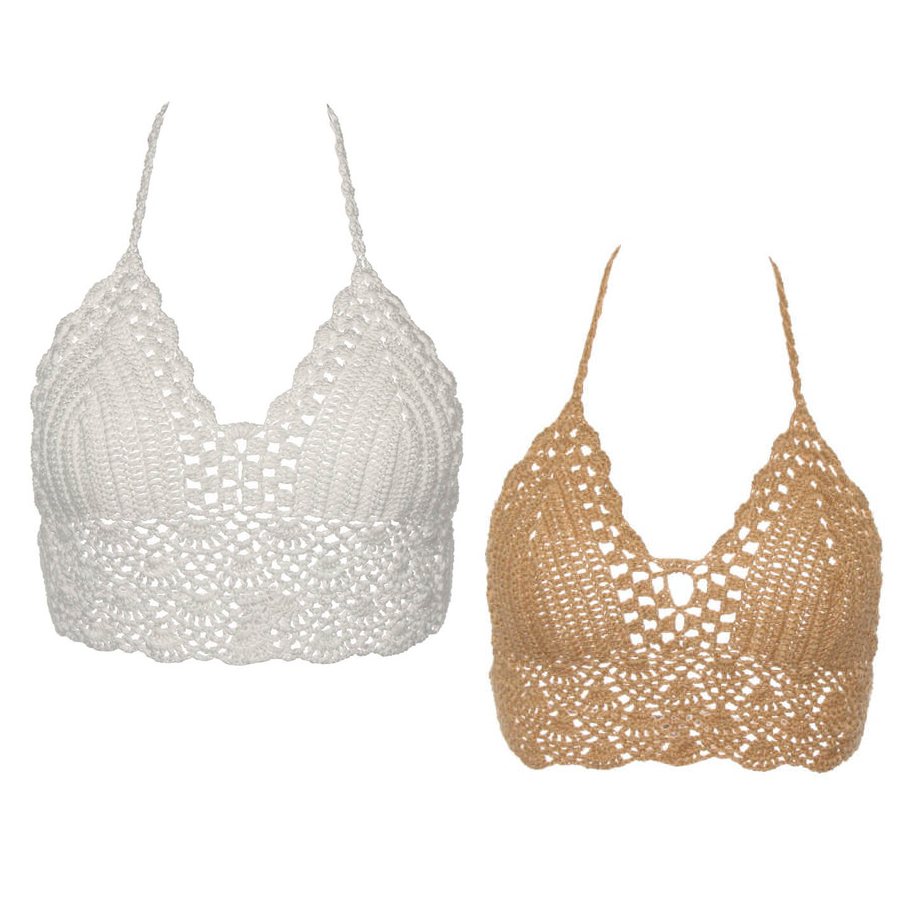 2pcs Sexy Crocheted Crop Tops Women Beach Brochet Halter Top Bralette Backless Summerwear