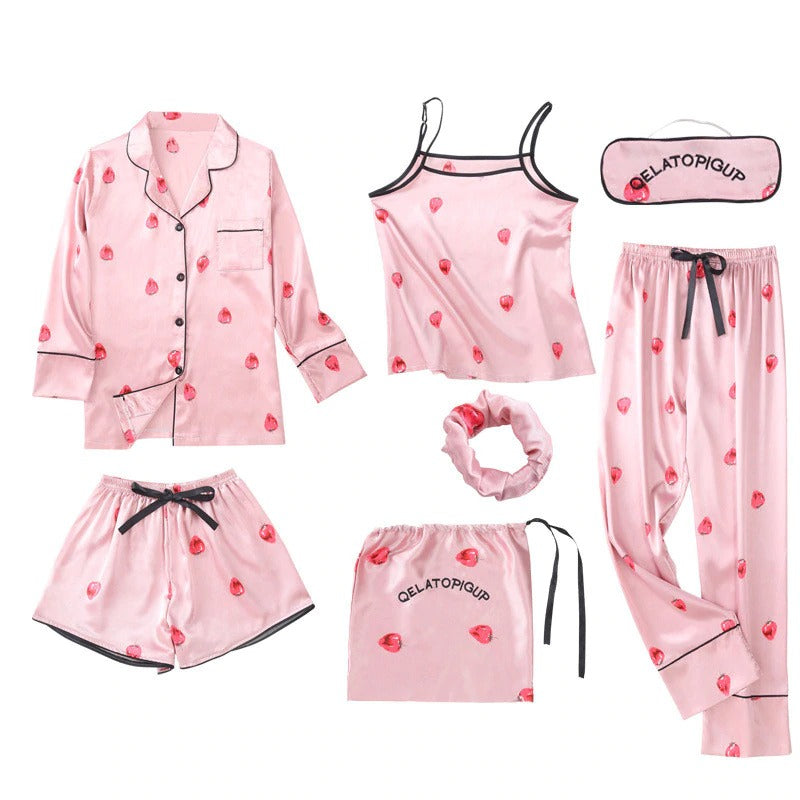 Women 7 Pieces Pajamas Sets Faux Silk Pajama Sets For Women