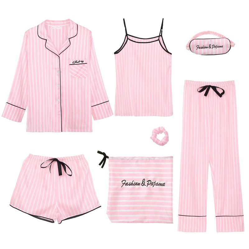 Women 7 Pieces Pajamas Sets Faux Silk Pajama Sets For Women
