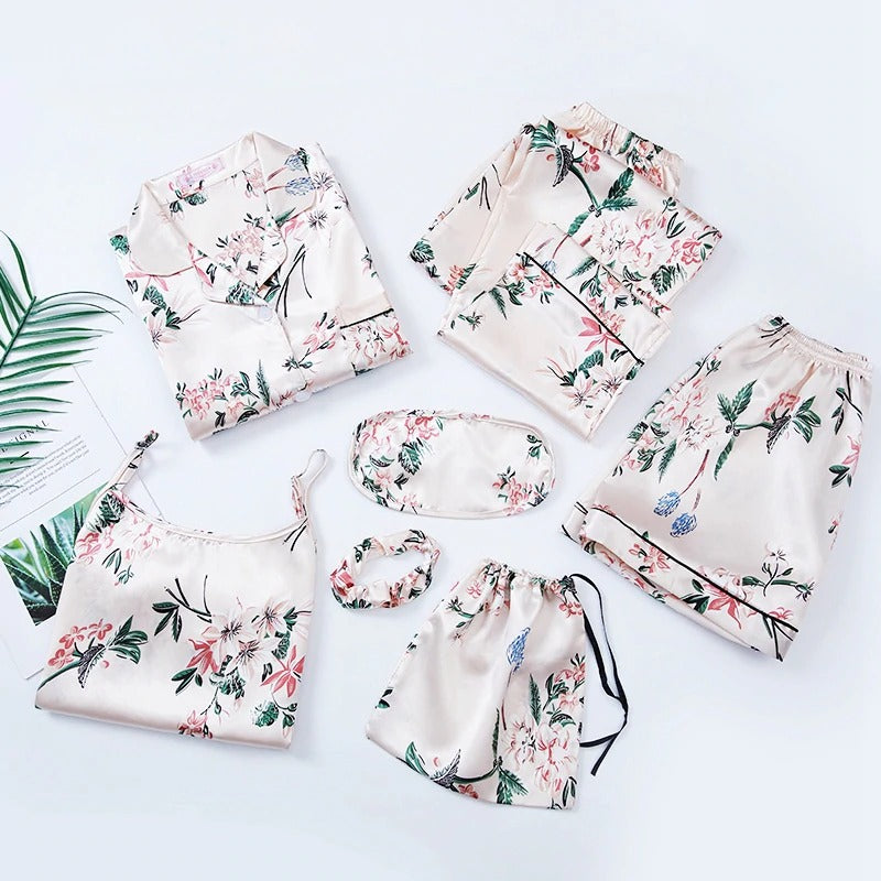 Women 7 Pieces Pajamas Sets Faux Silk Pajama Sets For Women