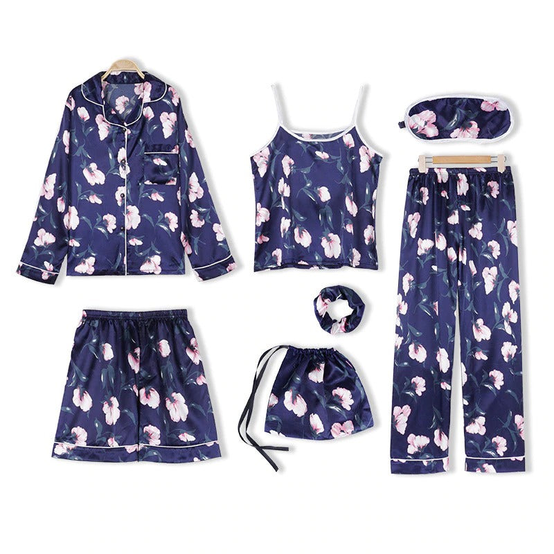 Women 7 Pieces Pajamas Sets Faux Silk Pajama Sets For Women