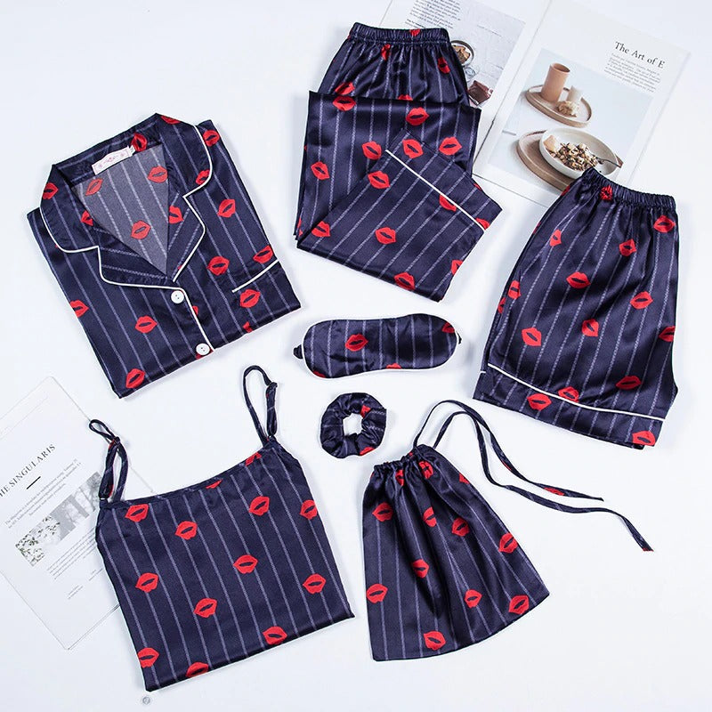 Women 7 Pieces Pajamas Sets Faux Silk Pajama Sets For Women