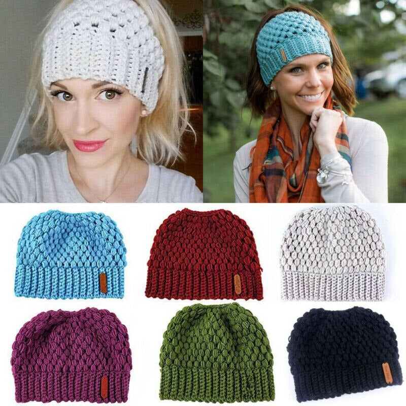 Ponytail Beanie Messy Bun Beanie Winter Hat With Hole For Ponytail