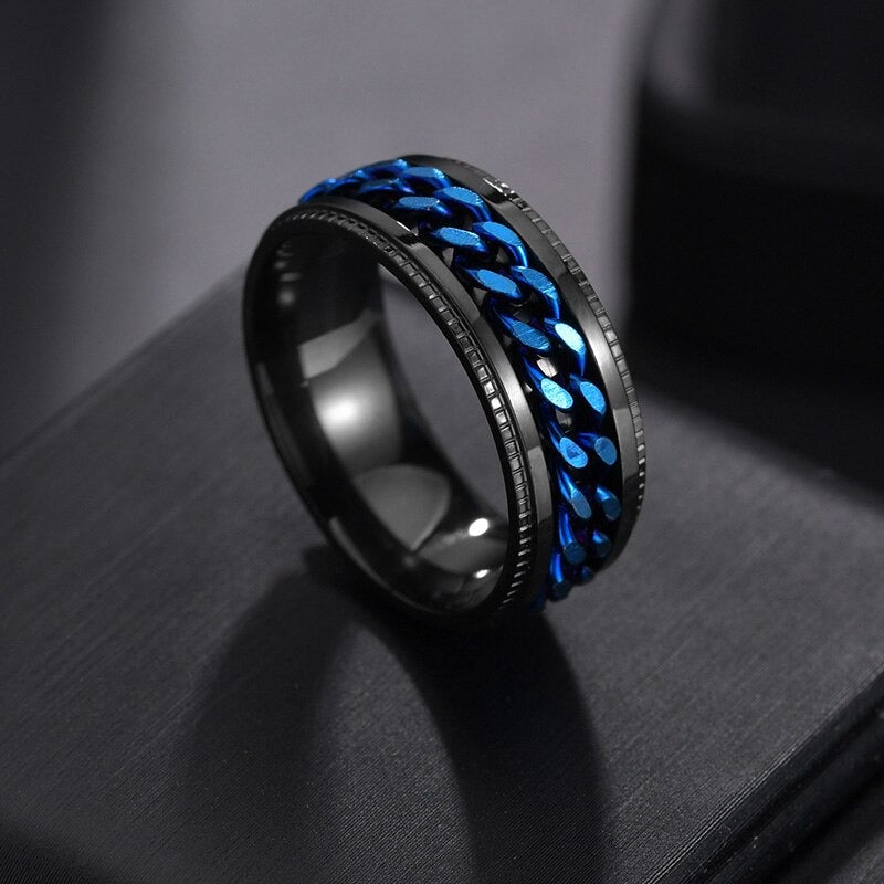 Black Tungsten Comfort Fit Wedding Band with Brush Center Bright Bevels and Deep Blue inside color - 8mm