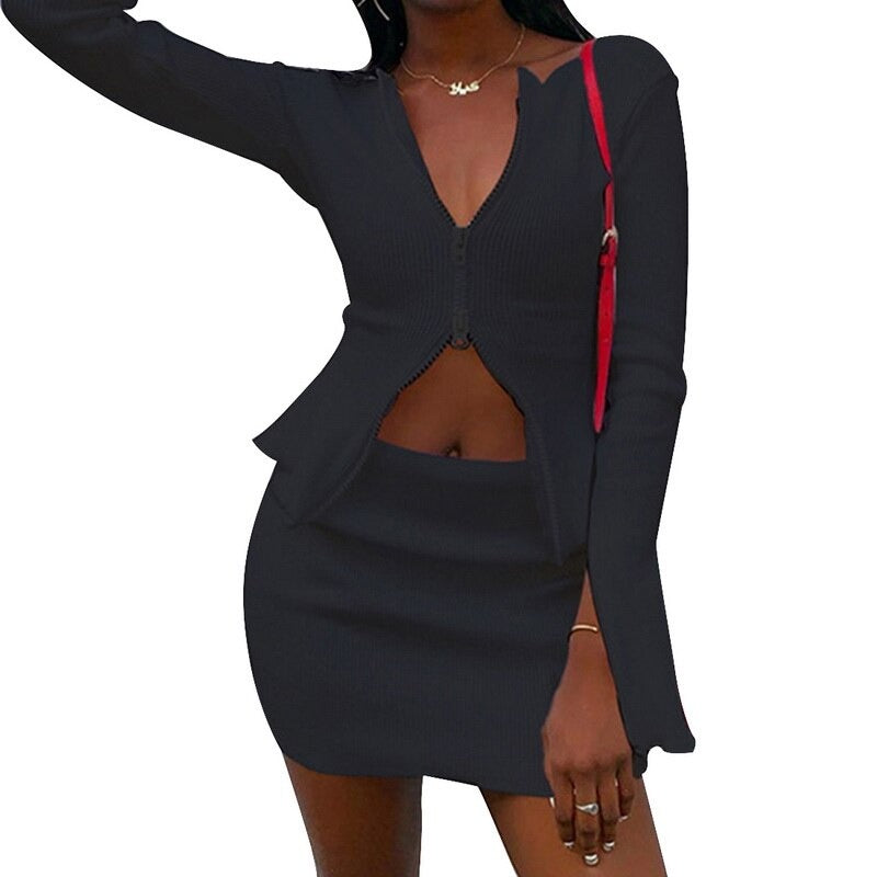 Women Sexy Double Zipper Knitted Sweater Skirt Set