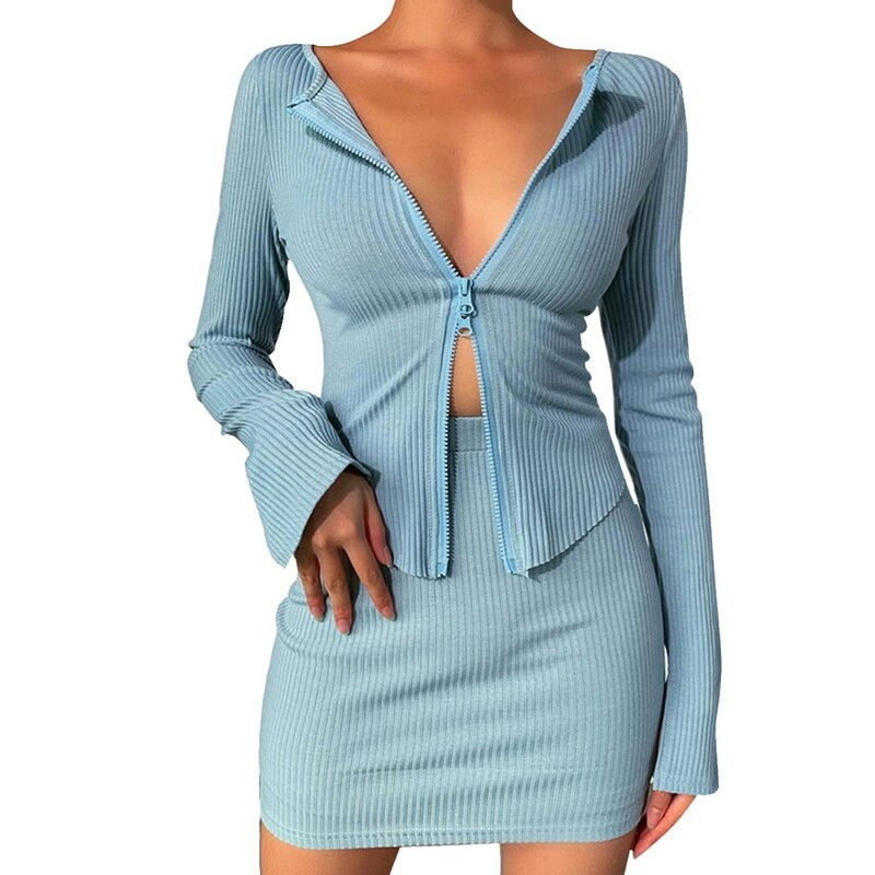 Women Sexy Double Zipper Knitted Sweater Skirt Set