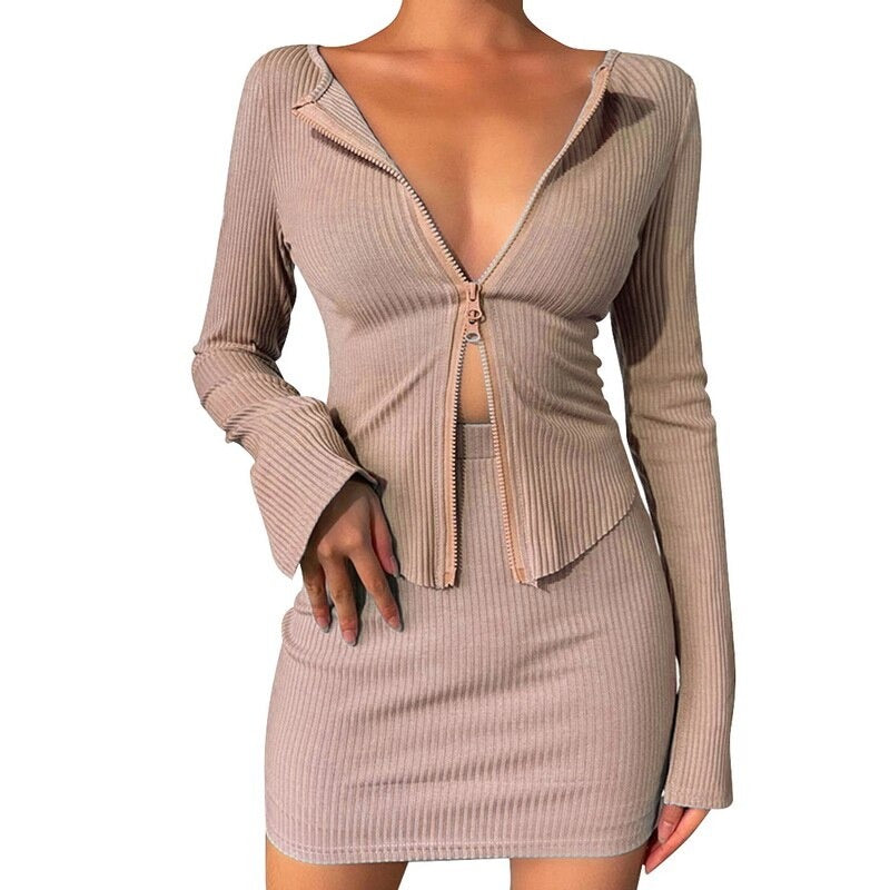 Women Sexy Double Zipper Knitted Sweater Skirt Set