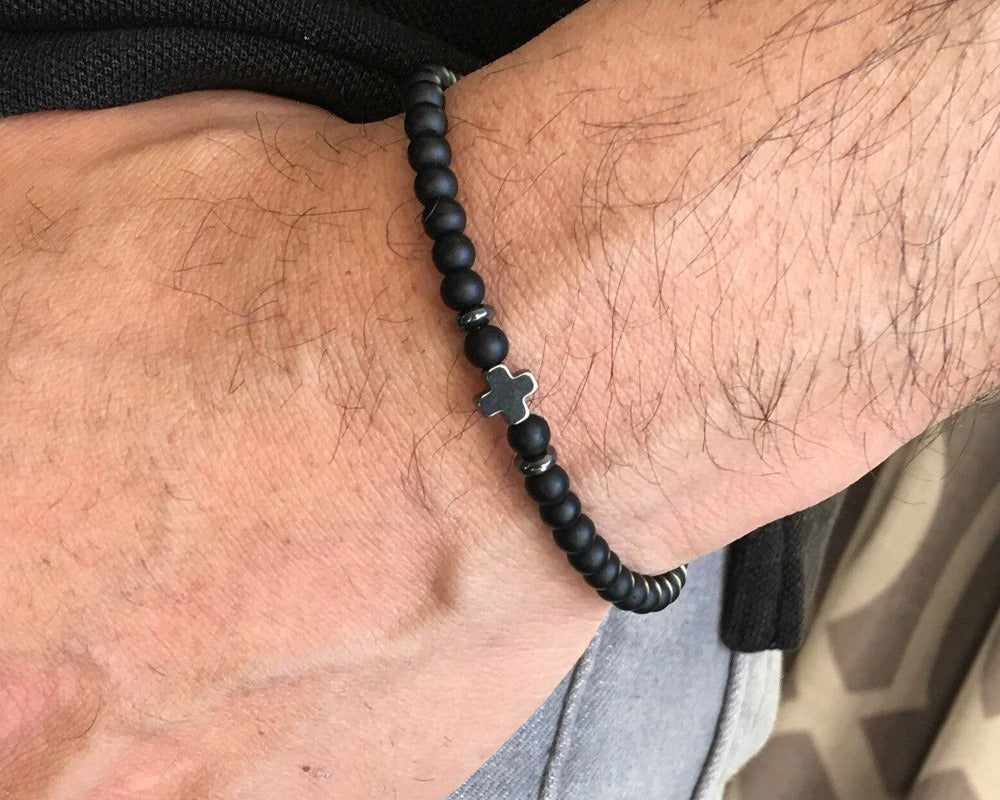 Cross Beads Bracelet in Natural Stone Mens Cross Bracelet